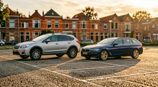 Vergelijking tussen een moderne SUV en een stationwagon geparkeerd naast elkaar op een Nederlands parkeerterrein