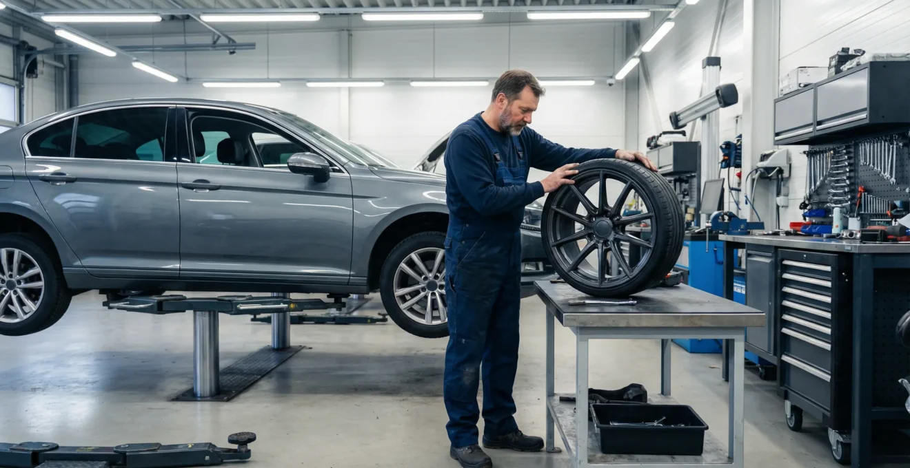 Technicus controleert sportvelgen naast leaseauto in werkplaats