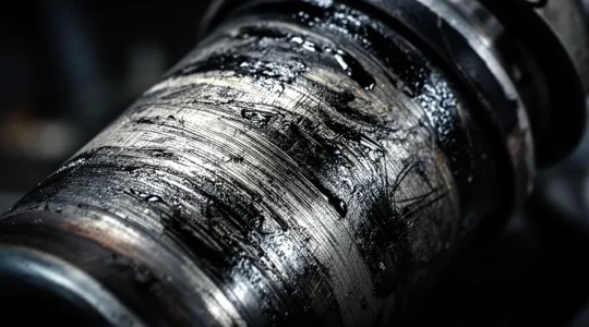 Close-up van een versleten schokdemper met olievlekken op een Nederlandse auto