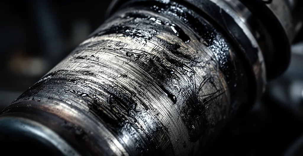 Close-up van een versleten schokdemper met olievlekken op een Nederlandse auto