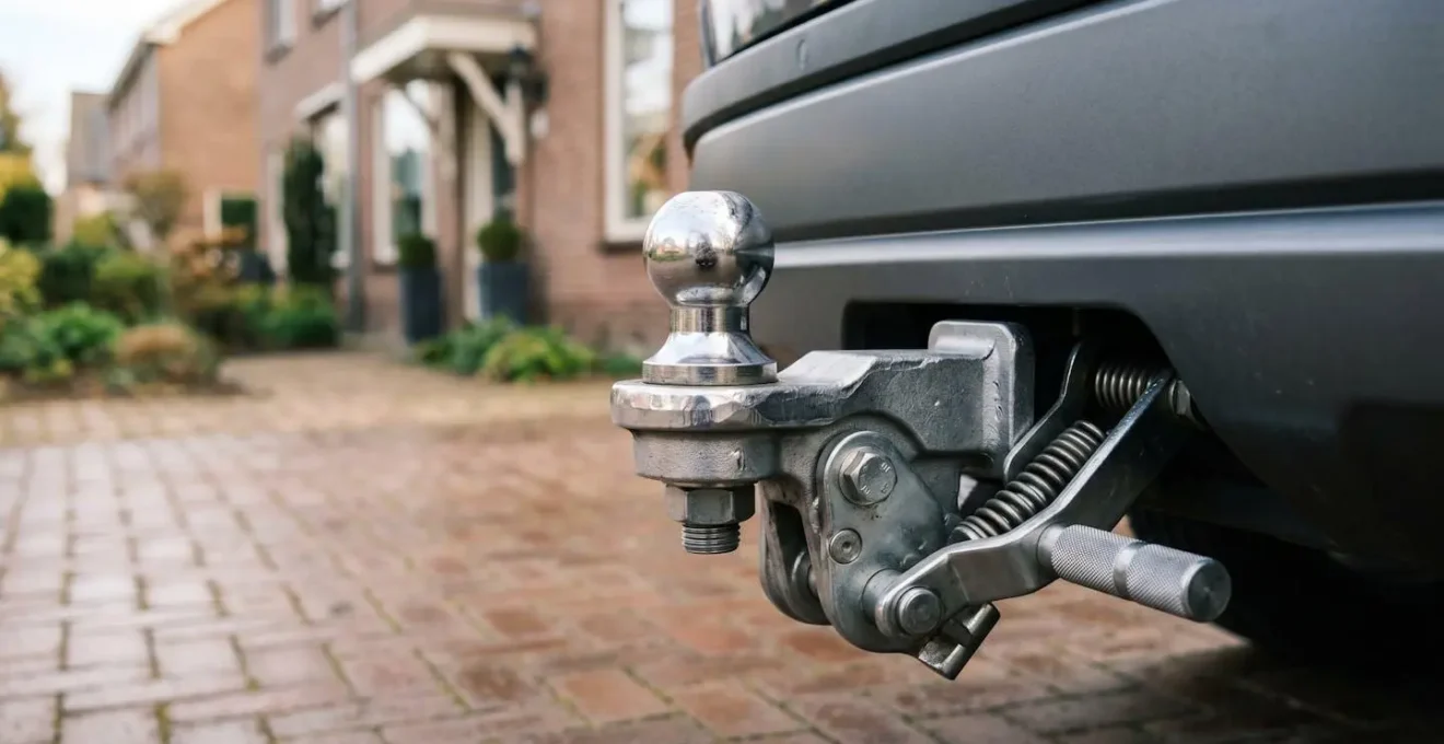 Close-up van afneembare trekhaak systeem bij auto achterbumper