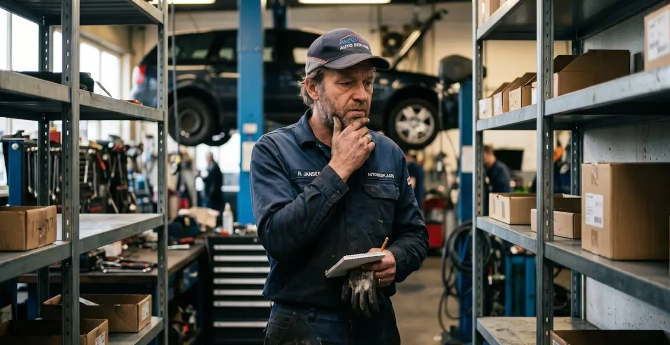Lege onderdelenrekken in Nederlandse autogarage met wachtende nieuwe auto