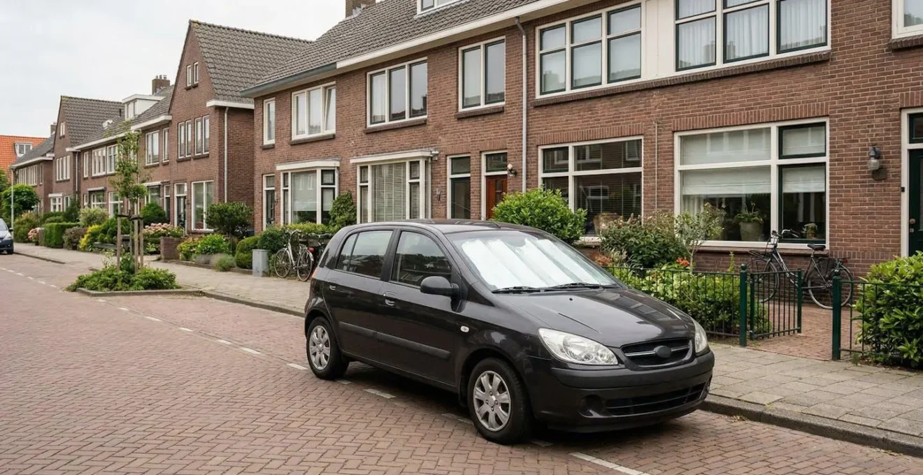 Geparkeerde auto met zonnescherm achter voorruit in Nederlandse woonwijk
