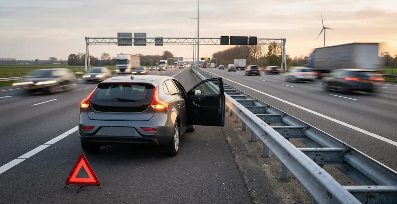 Auto veilig geparkeerd op vluchtstrook met gevarendriehoek