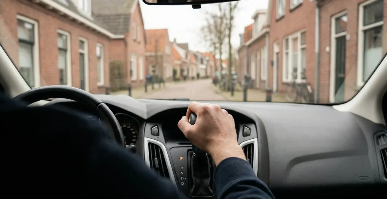 Bestuurder test versnellingsbak tijdens langzaam rijden in woonwijk