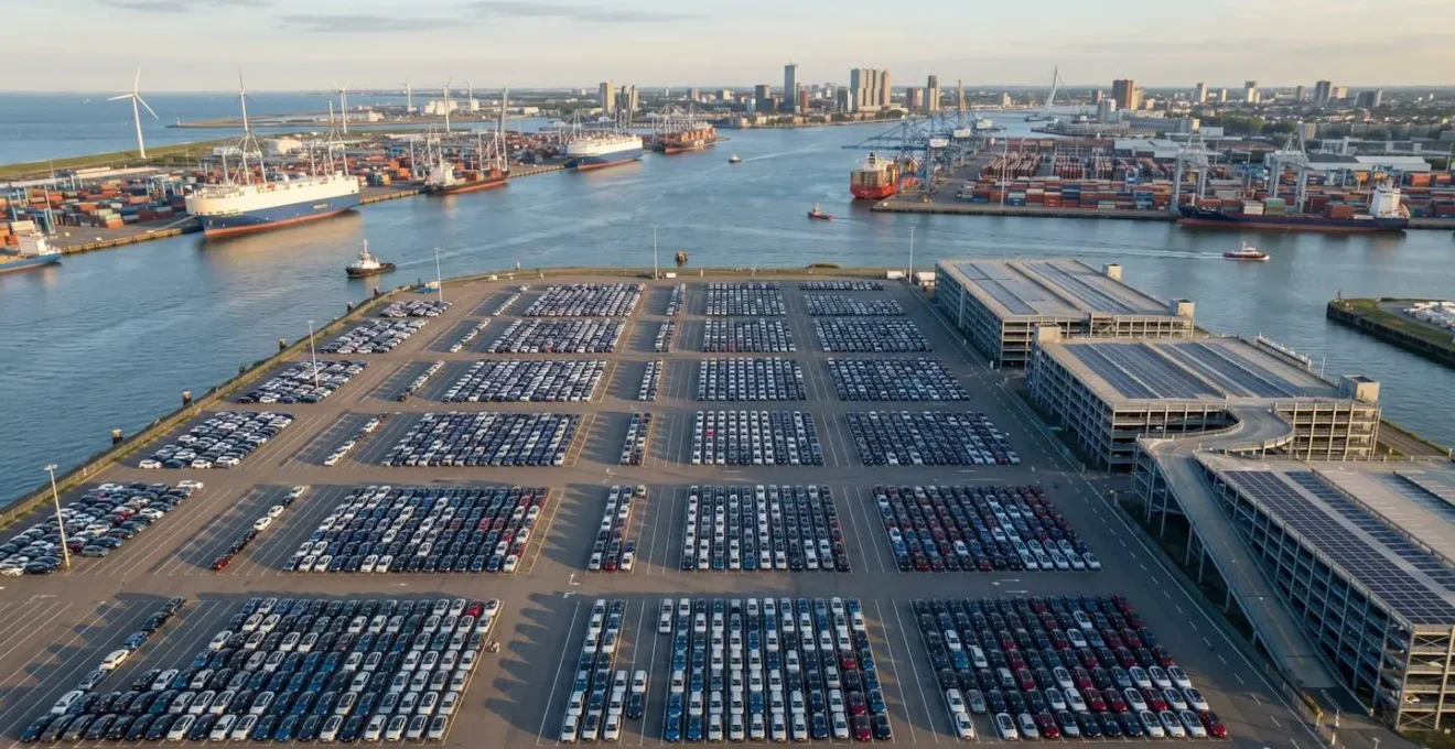 Luchtfoto van de Rotterdamse haven met rijen nieuwe elektrische auto's klaar voor distributie