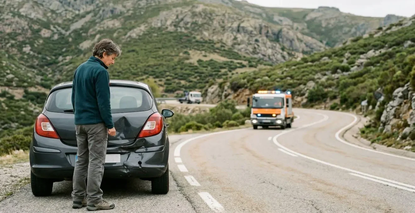 Auto met schade geparkeerd langs een bergweg met hulpdiensten