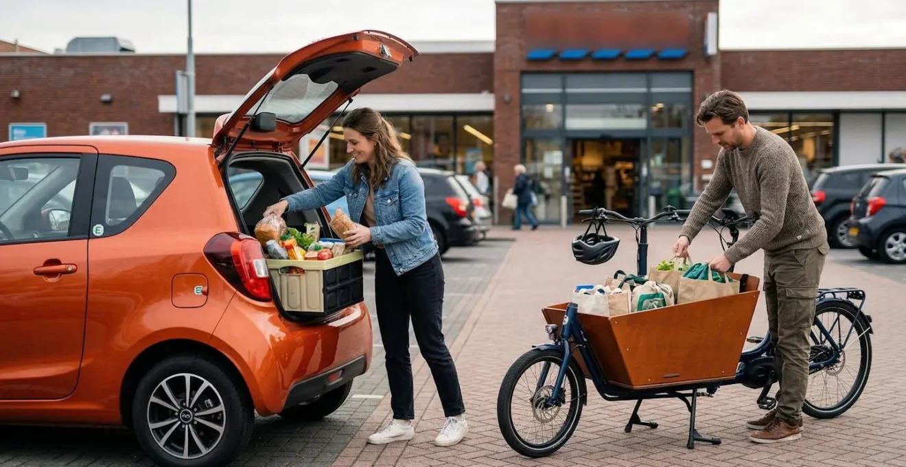 Brommobiel en elektrische bakfiets geparkeerd bij Nederlandse supermarkt