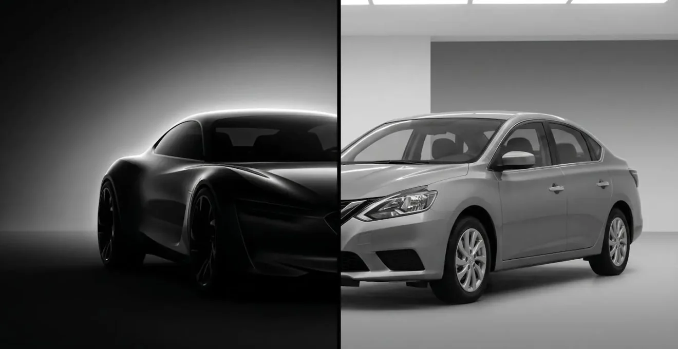 Silhouet van futuristisch conceptvoertuig naast reguliere straatauto in showroom