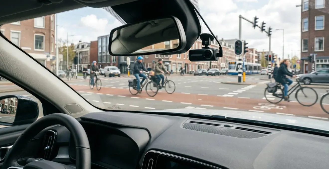 Dashboard met gemonteerde dashcam die een druk kruispunt filmt