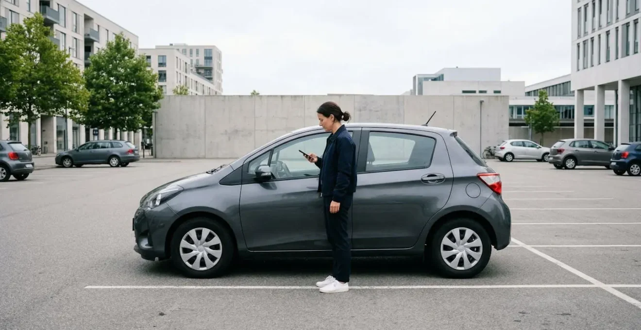 Persoon gebruikt smartphone app voor deelauto inspectie in stedelijke omgeving