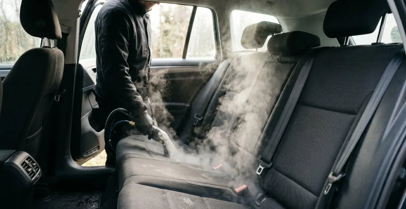 Stoomreiniging van autostoelen om ingebed fijnstof te verwijderen