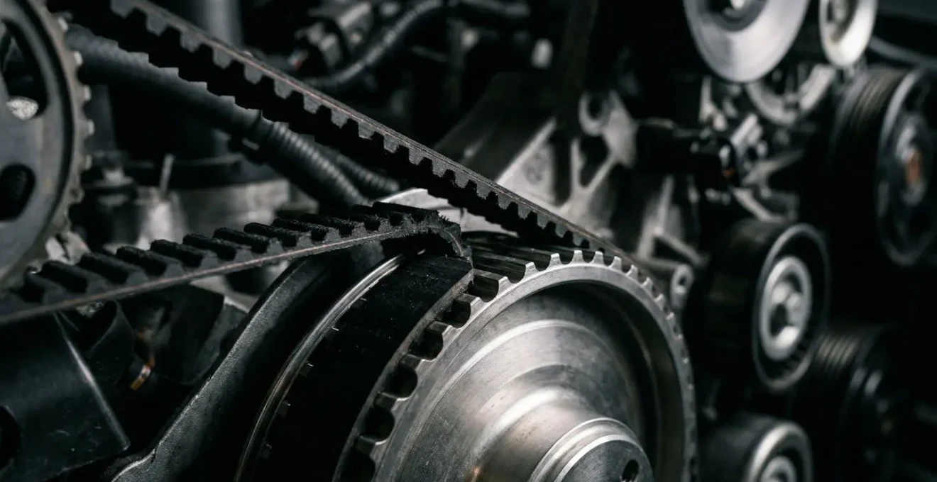 Close-up van nieuwe distributieriem installatie in automotor