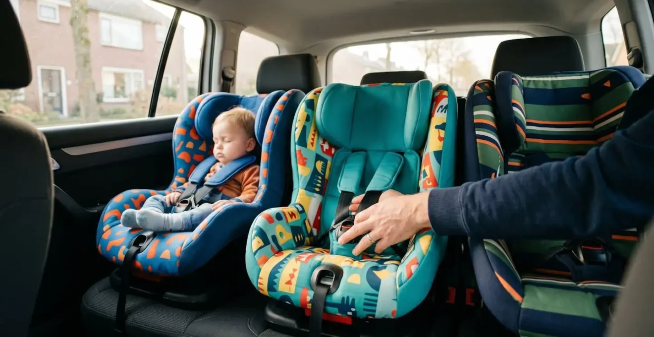 Interieur van auto met drie verschillende kinderzitjes naast elkaar op achterbank