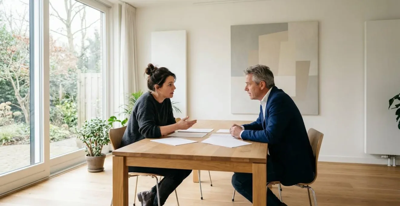 Twee mensen aan een tafel die samen documenten bespreken in een neutrale mediationruimte