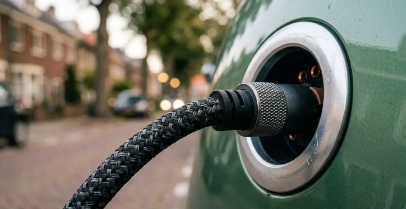 Een moderne elektrische brommobiel die oplaadt bij een laadpaal in een Nederlandse woonwijk