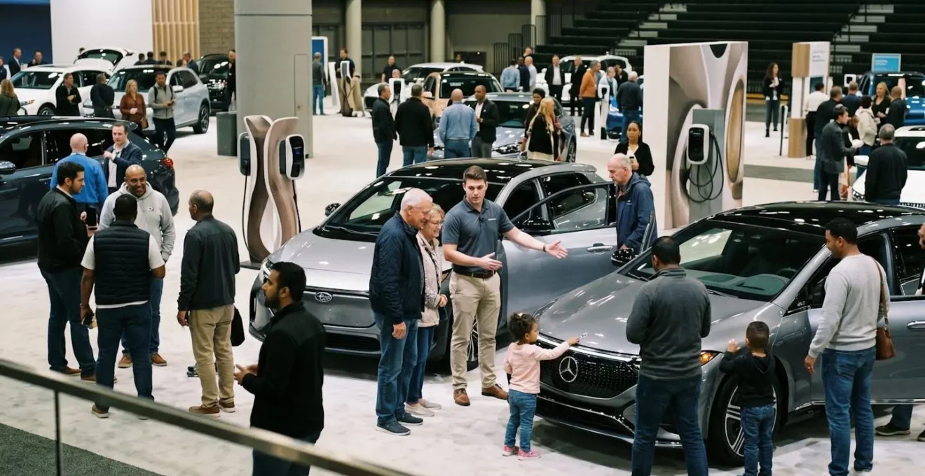Vogelvluchtperspectief van moderne autobeurs met elektrische voertuigen en laadstations