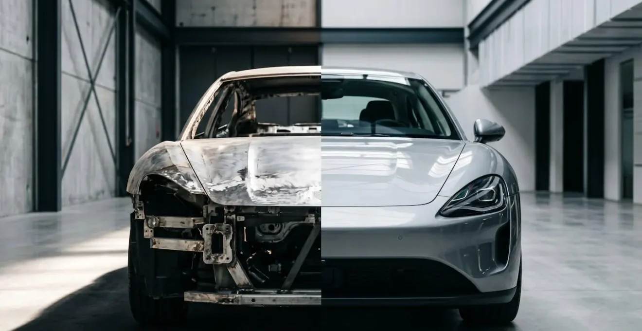Split-view vergelijking pre en post-facelift automodel in productiehal