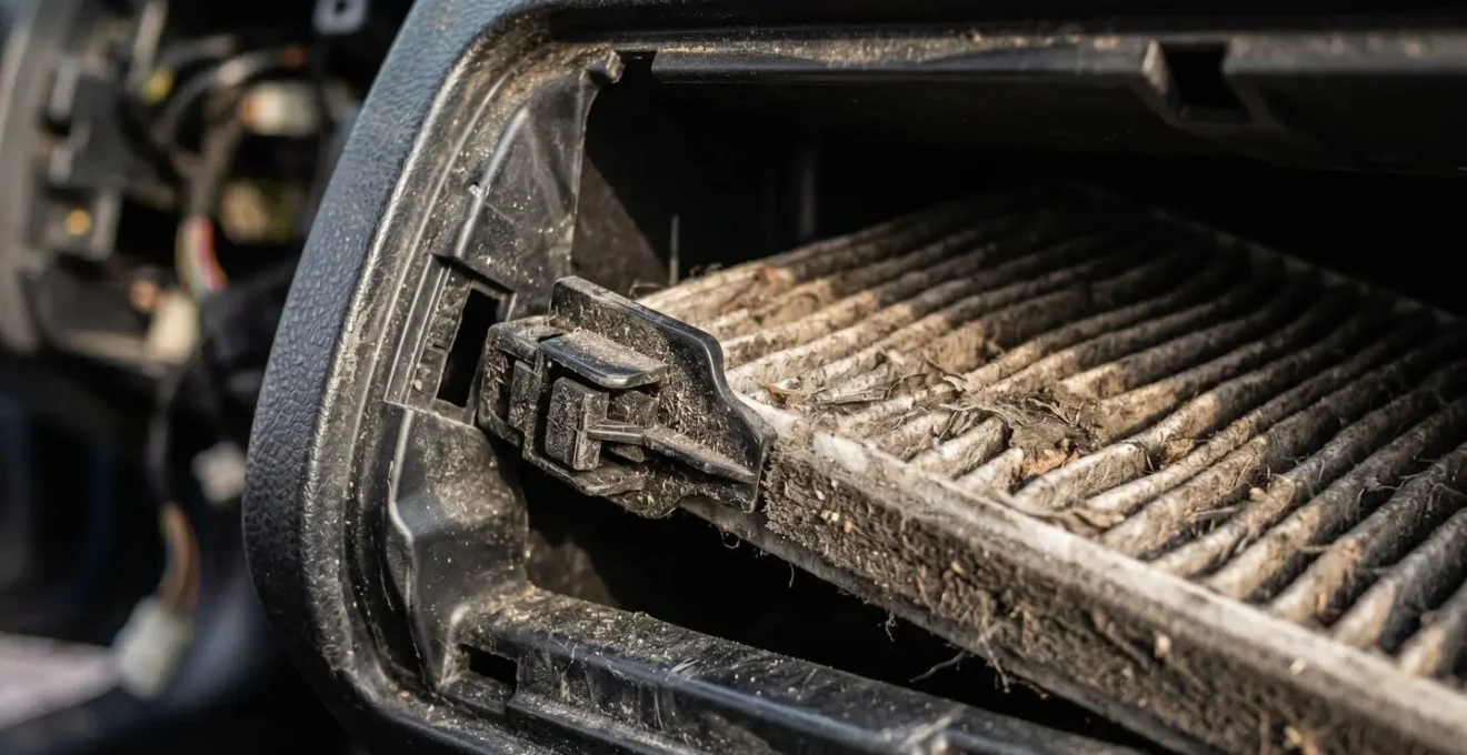 Close-up van dashboardkastje met toegang tot interieurfilter