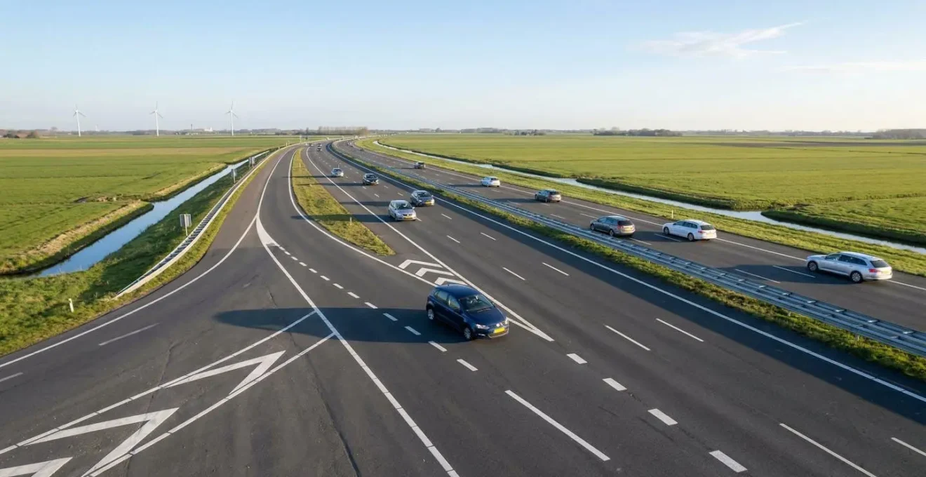 Vogelperspectief van auto's die soepel invoegen op een Nederlandse snelweg.