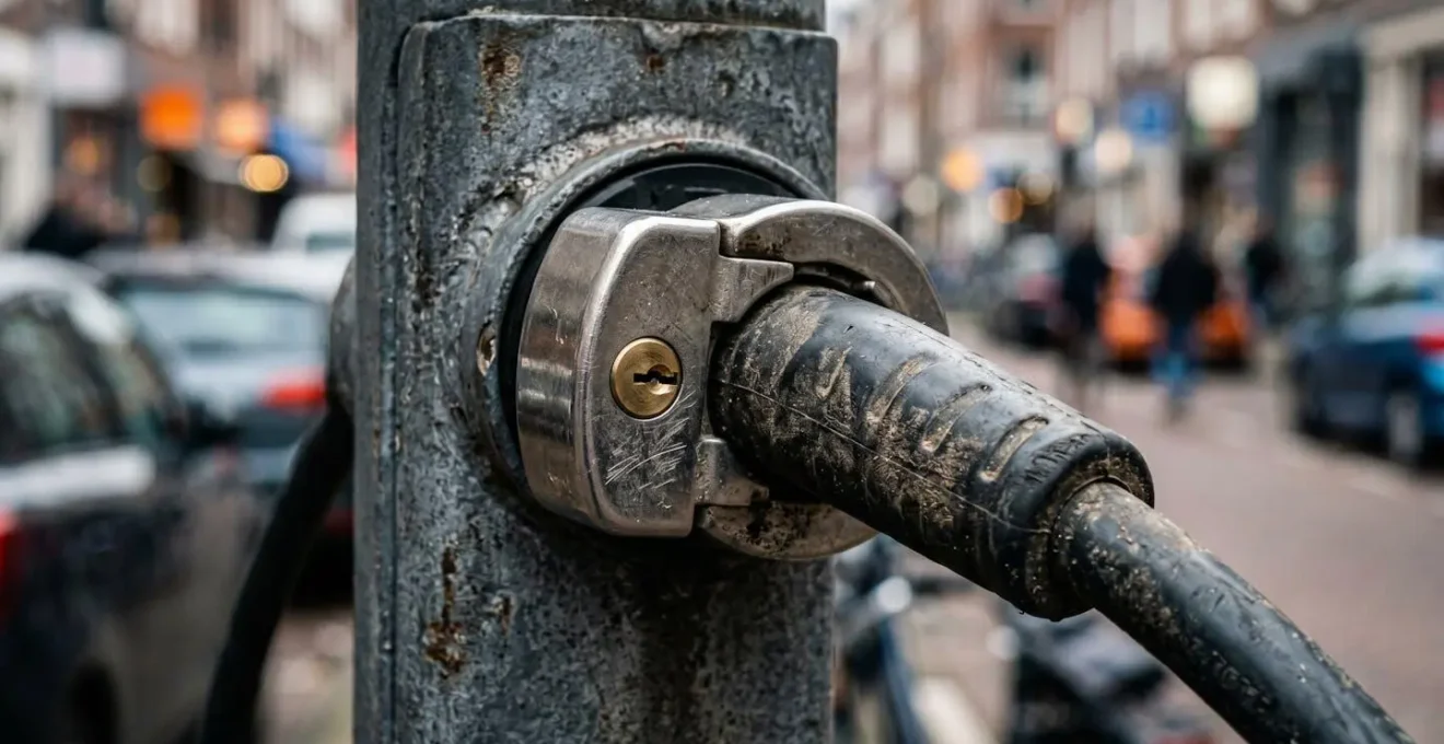Close-up van beveiligde laadkabel met slot aan laadpaal