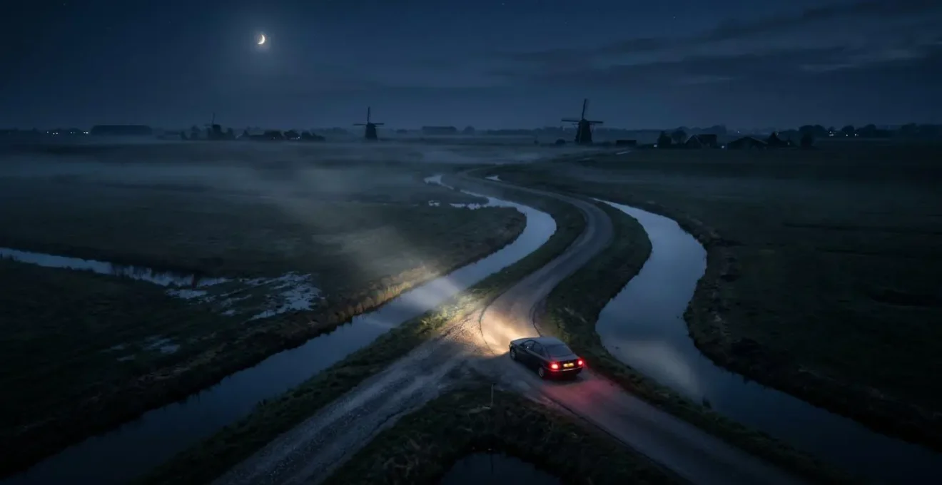 Auto rijdt 's nachts op onverlichte Nederlandse polderweg met mistlampen