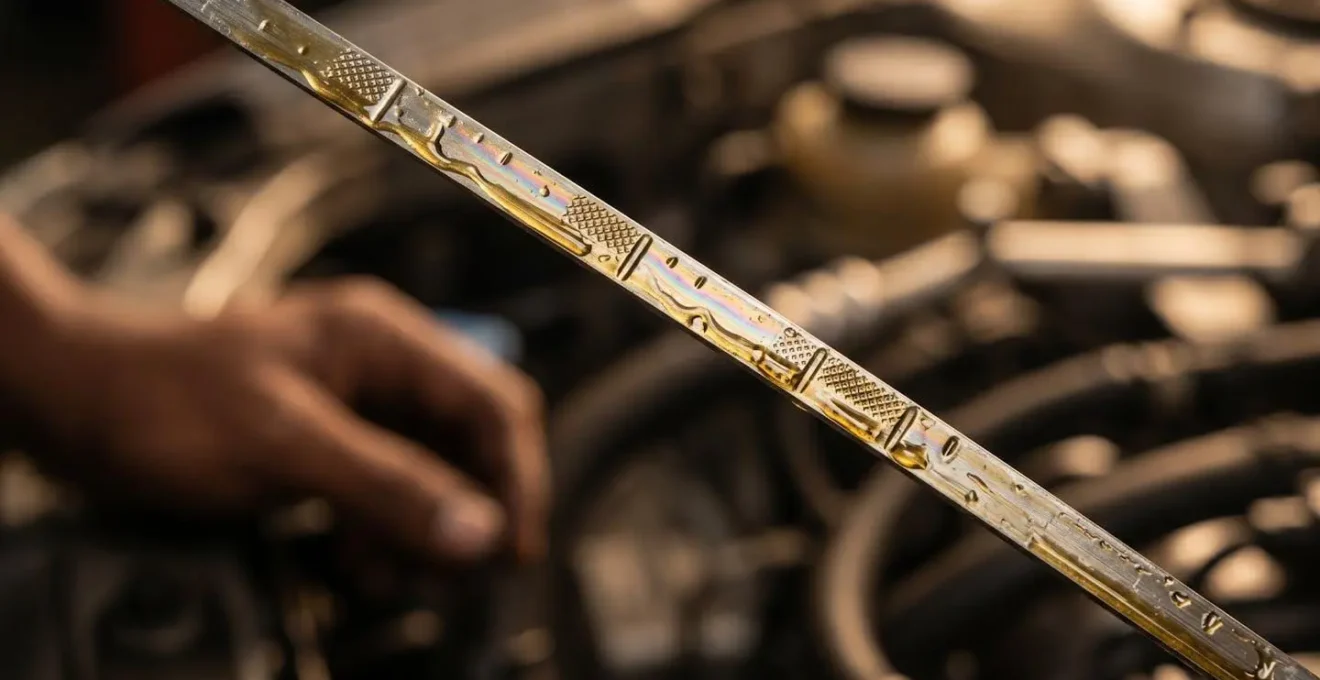 Close-up van motoroliepeilstok met verschillende olieniveaus zichtbaar