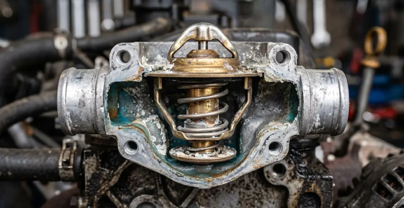 Close-up van open thermostaat in motorblok met koelvloeistofstroming