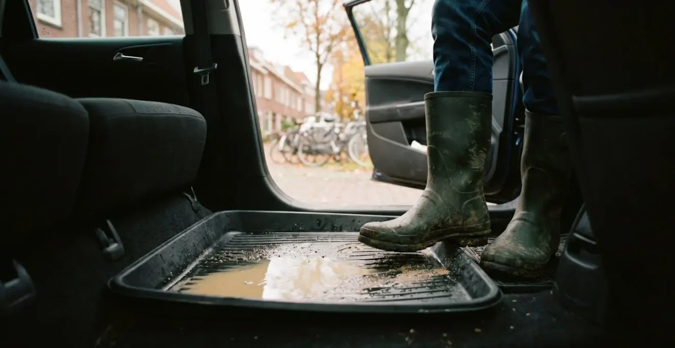 Rubbermat met opstaande rand die een plas gemorste vloeistof in een auto tegenhoudt.