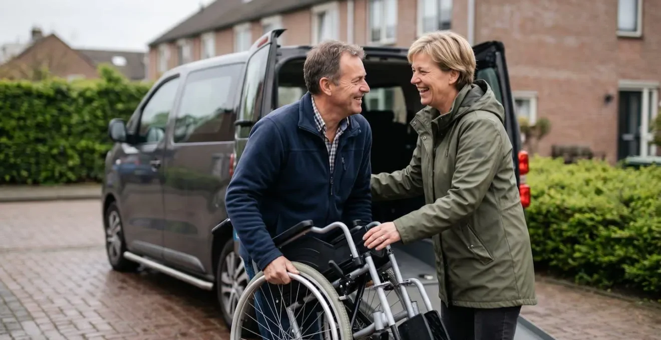Familie laadt rolstoel in huurauto voor weekendtrip