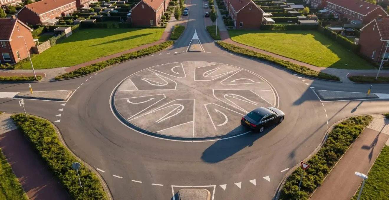 Bovenaanzicht van auto in rotonde met zichtbare carrosserie-helling