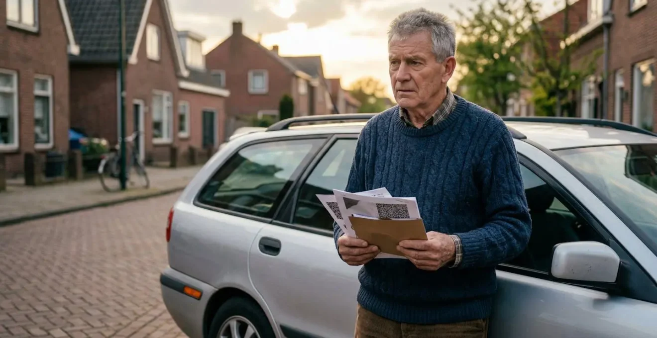 Oudere Nederlandse bestuurder bij auto, peinzend over verzekeringspapieren en een rekenmachine.