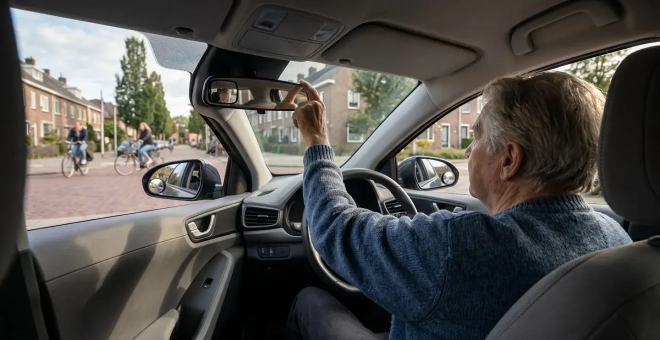 Senior chauffeur past kijktechniek aan met extra spiegels in auto