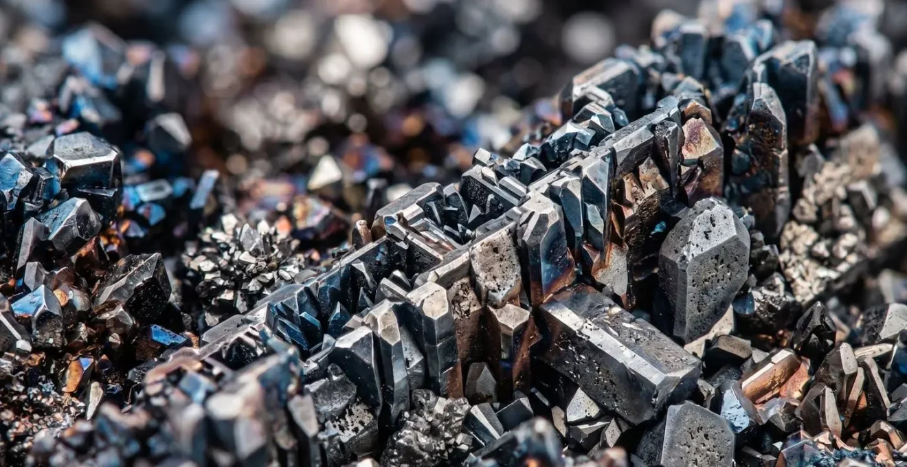 Extreme close-up van kristallijne structuren in solid-state batterijmateriaal