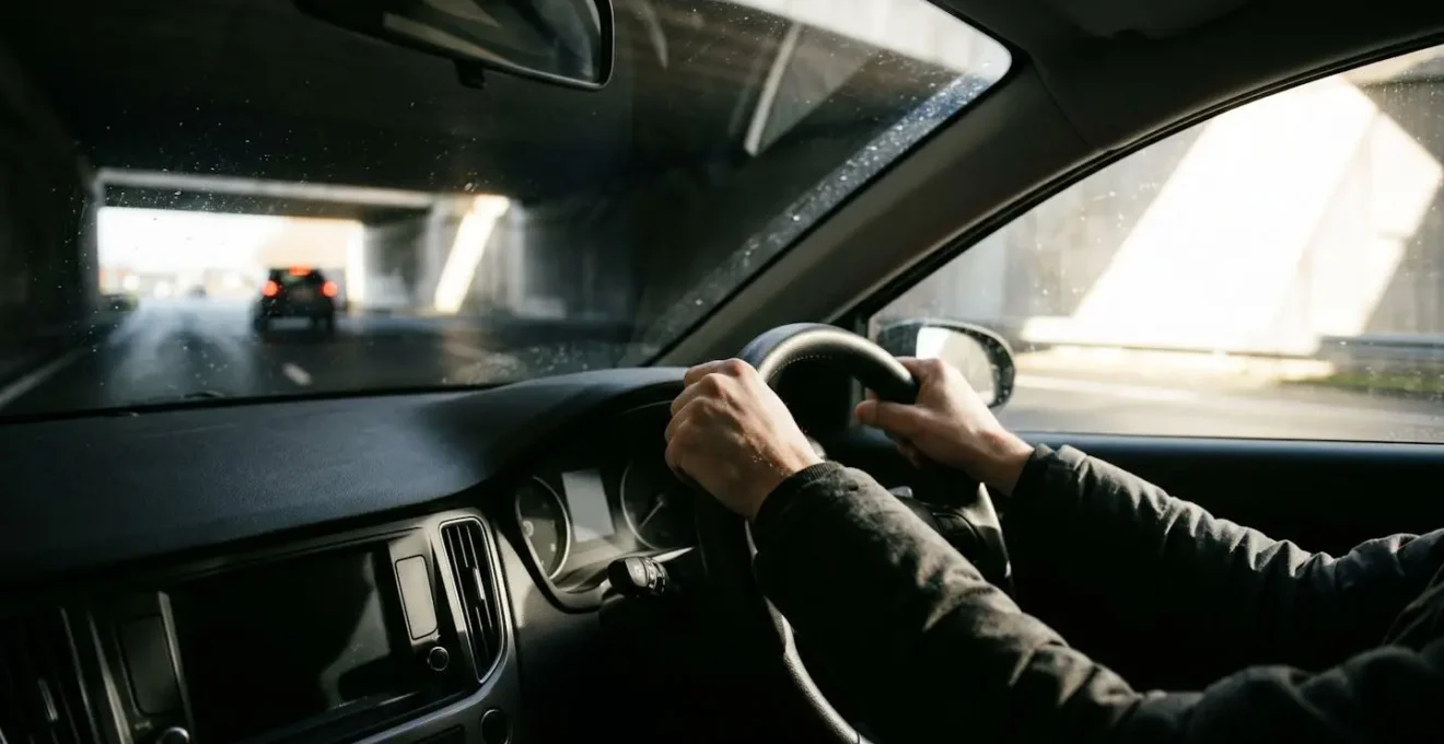 Auto onder viaduct met schaduwen die sensoren kunnen verwarren