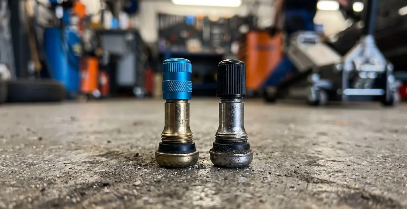 Close-up van bandenventielen met vulslangen in professionele garage omgeving