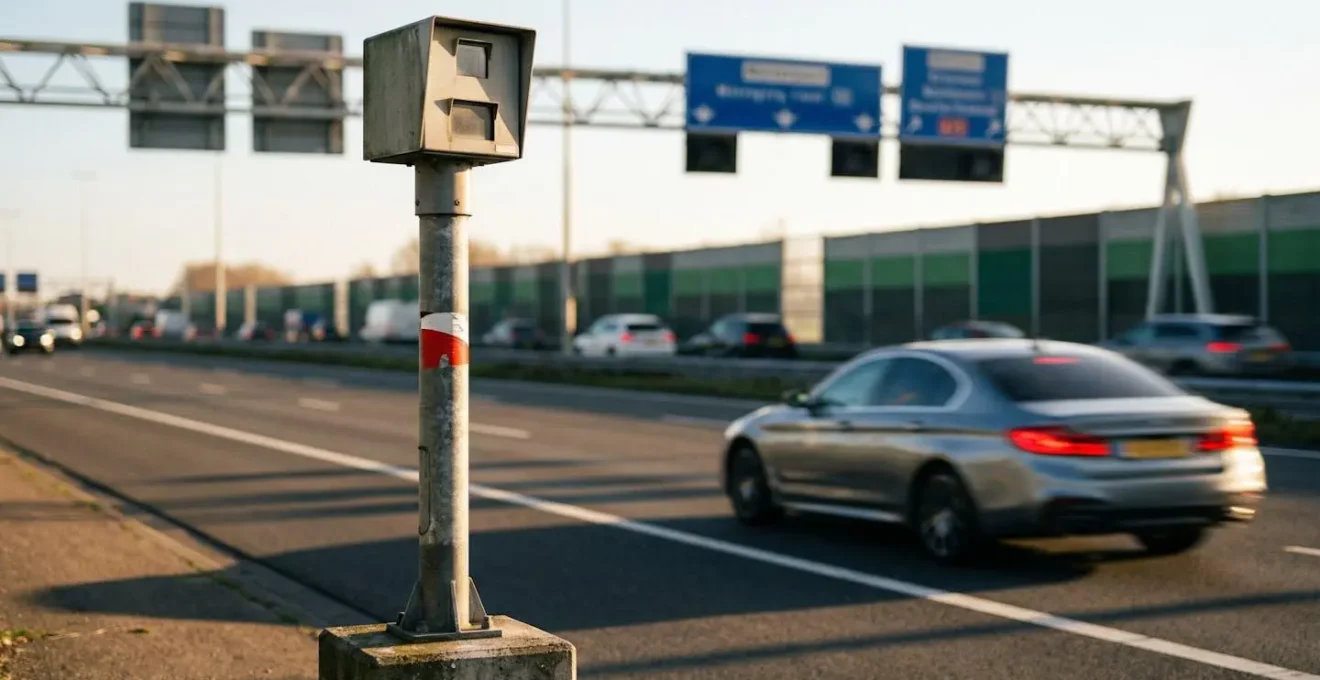 Snelheidscamera langs Nederlandse snelweg met onscherpe auto in beweging