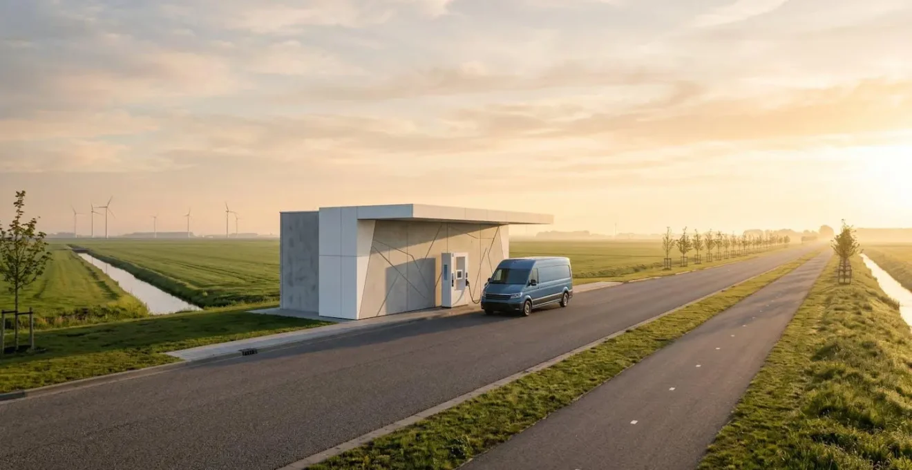 Moderne waterstof tankinfrastructuur met bestelbus in Nederlands landschap