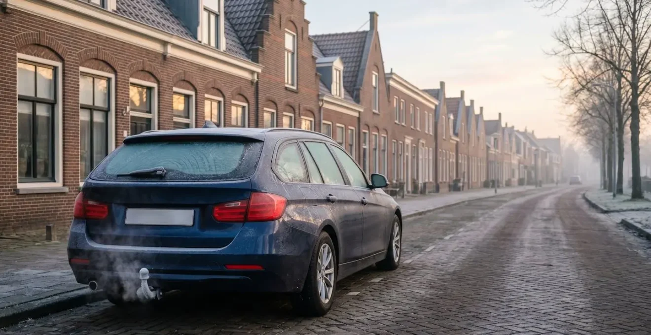 Auto in Nederlandse winterse stadssetting met bevroren ramen zonder draaiende motor