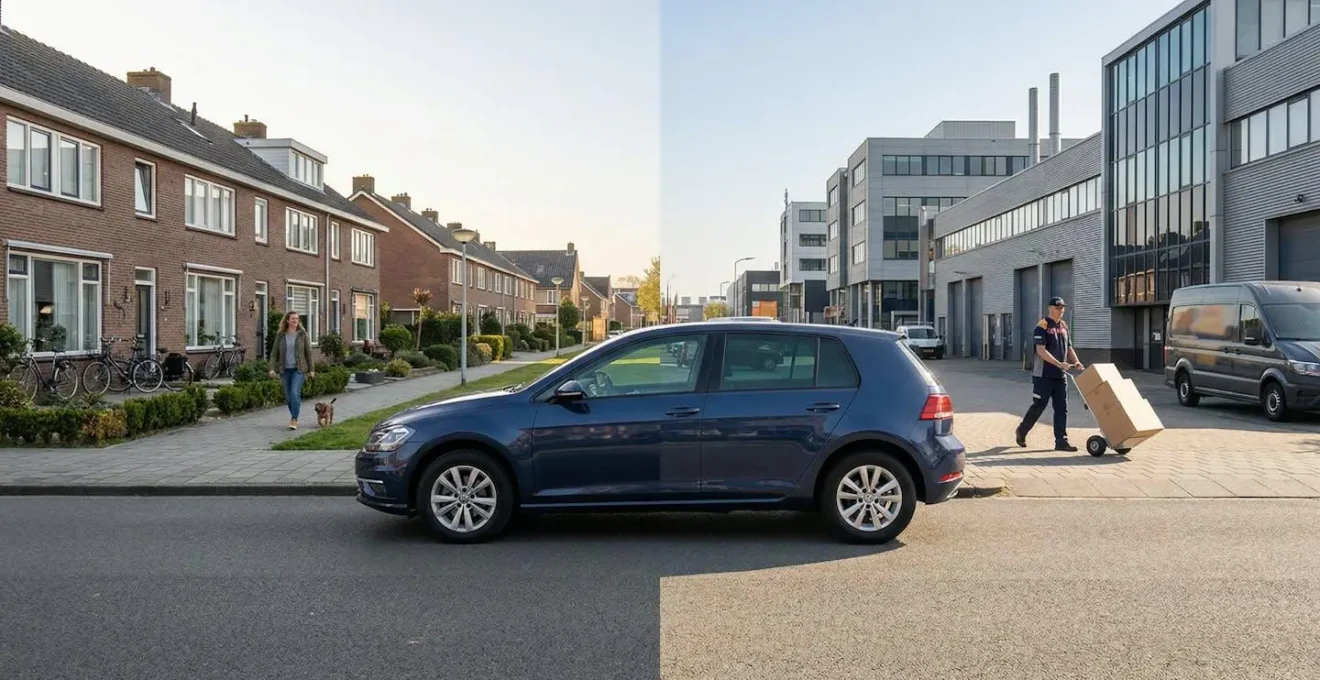 Split-screen beeld van een auto: links in een rustige woonwijk, rechts in een drukke commerciële stadsomgeving.