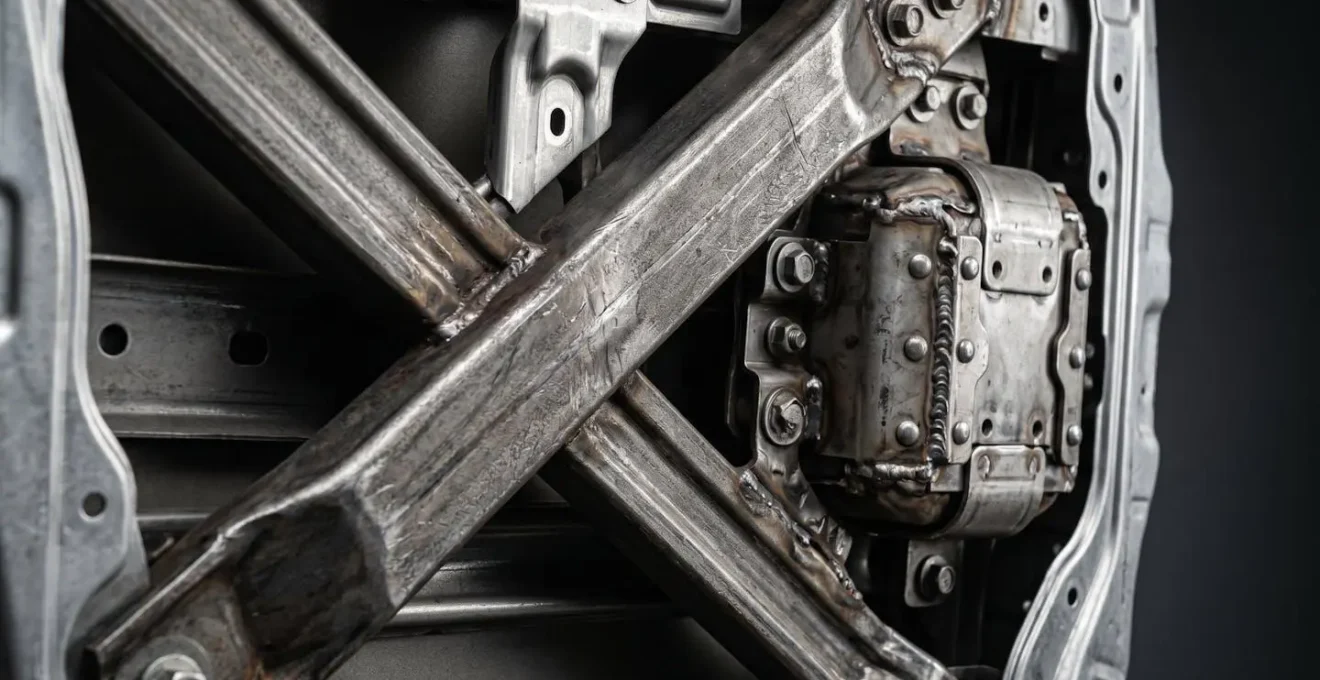 Technische doorsnede van auto met focus op verstevigde zijstructuur en airbags