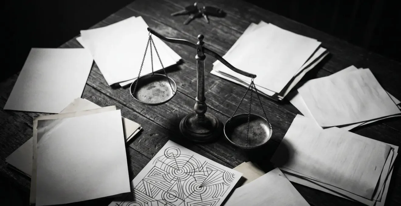 Abstracte visualisatie van juridische documenten en de gevolgen van fraude.