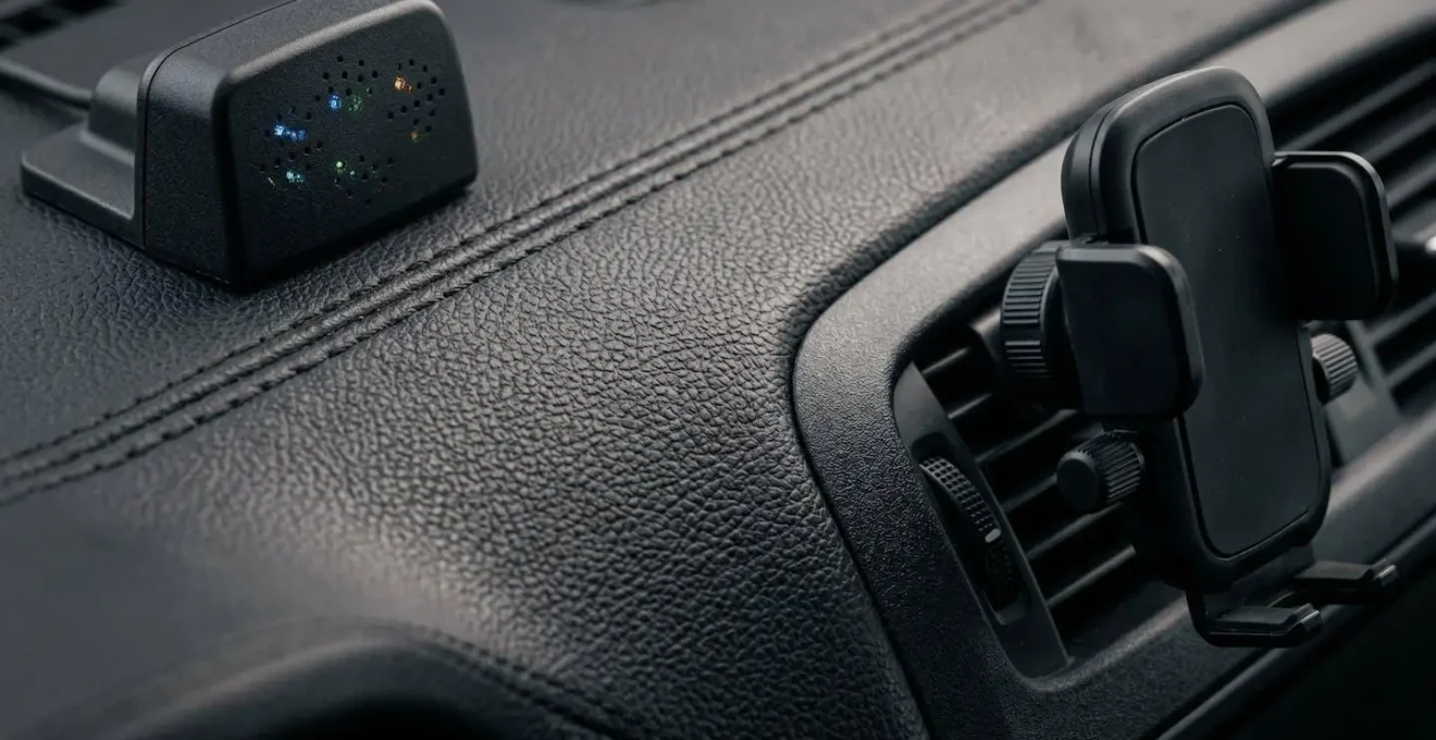 Dashboard auto met smartphone houder en telematica beacon